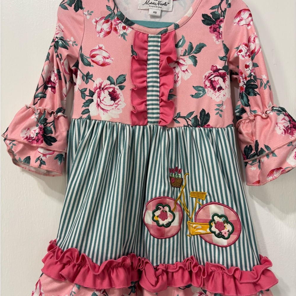 Marie Nicole Floral Pink and Green Striped Kids Dress - Picture 3 of 5
